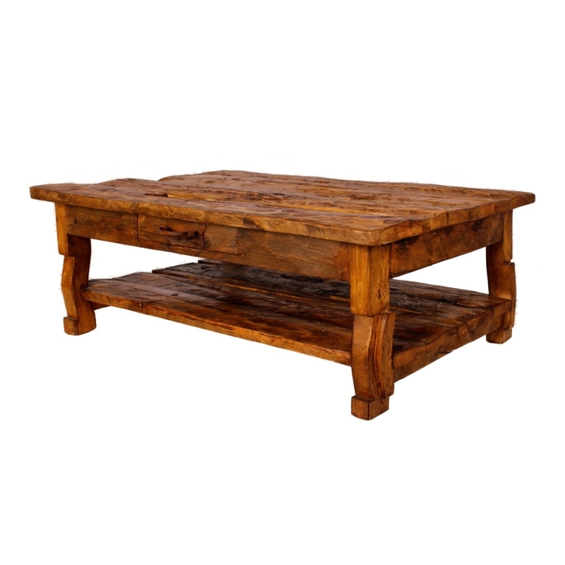 Coffee Table with Rough Hewn Texture and Center Storage Drawer