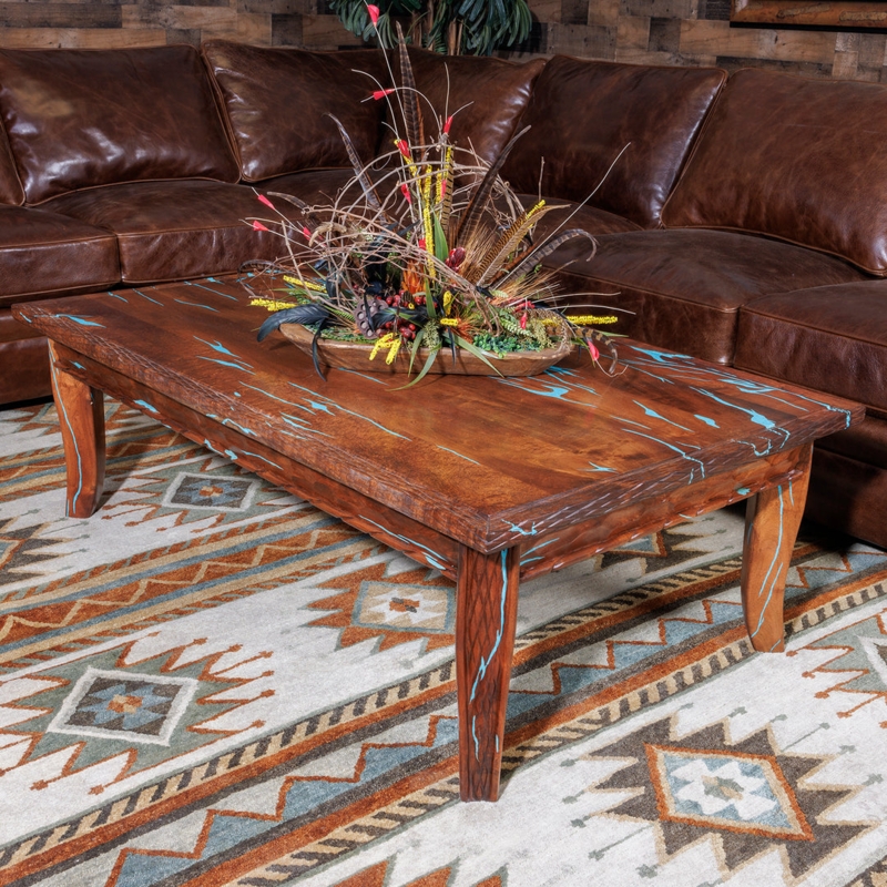 Coffee Table with Rustic Horn Shaped Legs and Turquoise Inlay