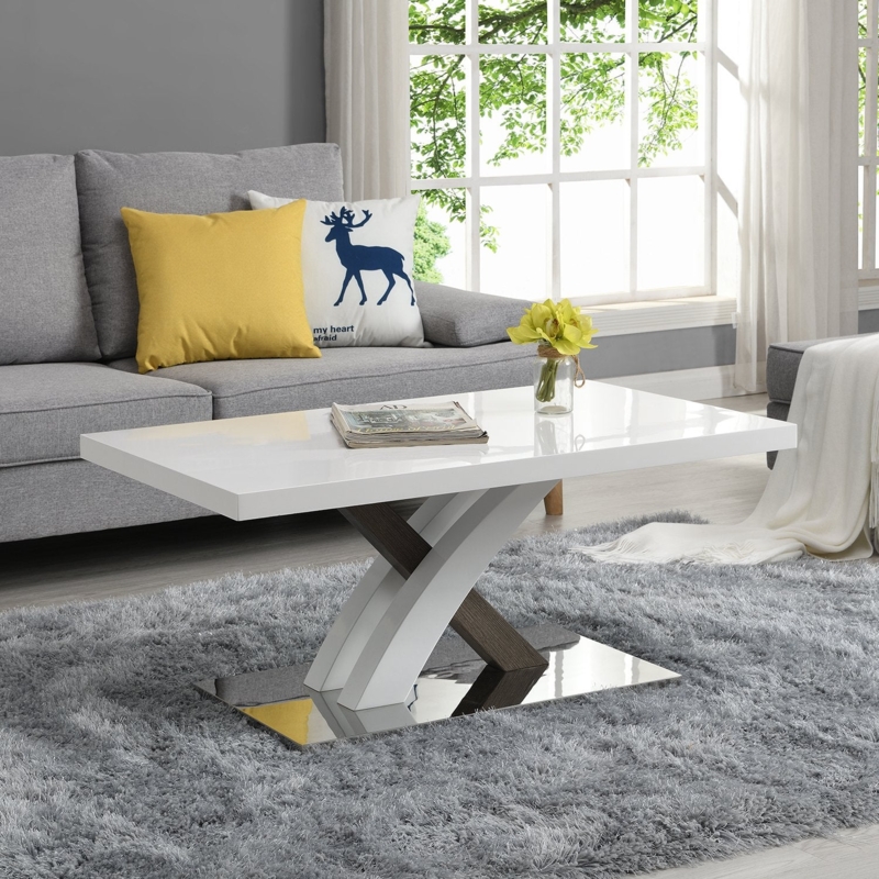 Coffee Table X Shaped Base High Gloss Mixed Material Legs