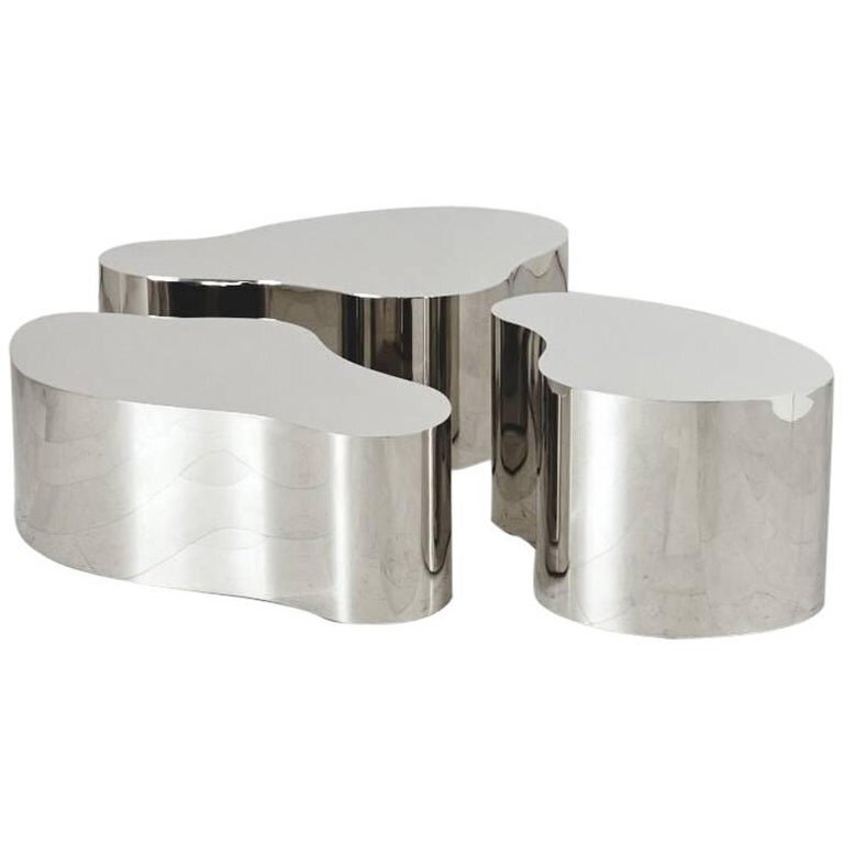 Coffee Tables: Mirrored Nesting Set with Biomorphic Shapes