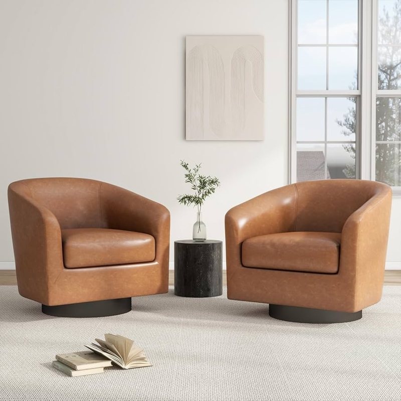 Cognac Barrel Chair Set Pedestal Base Thick Cushion Swivel Mechanism