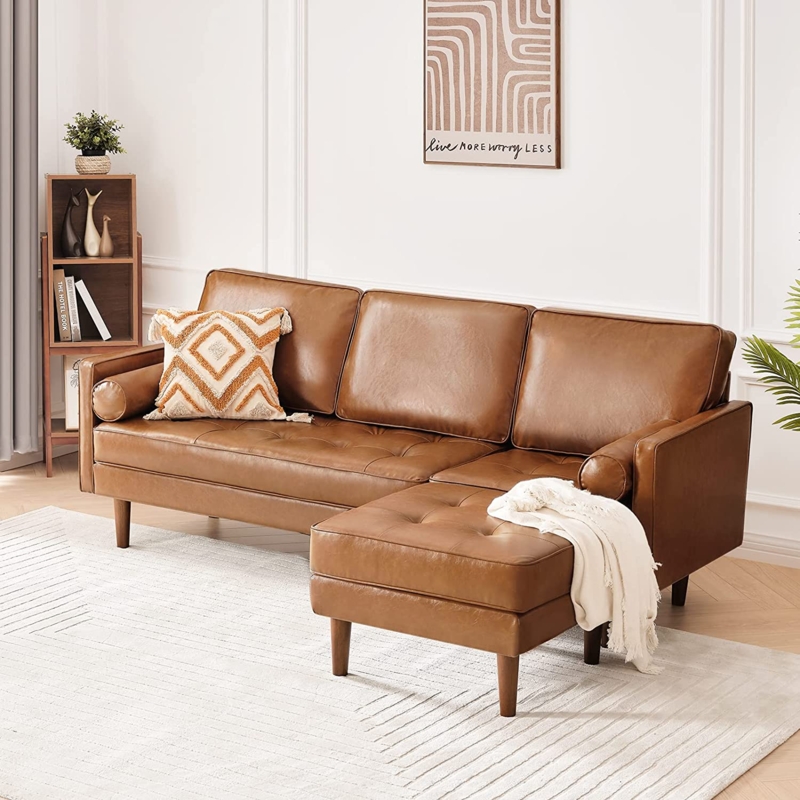 Cognac Faux Leather Sectional Tufted Seat with Movable Ottoman