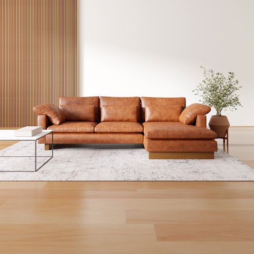 Cognac Leather L-Shaped Sectional Deep Seating Plush Cushions