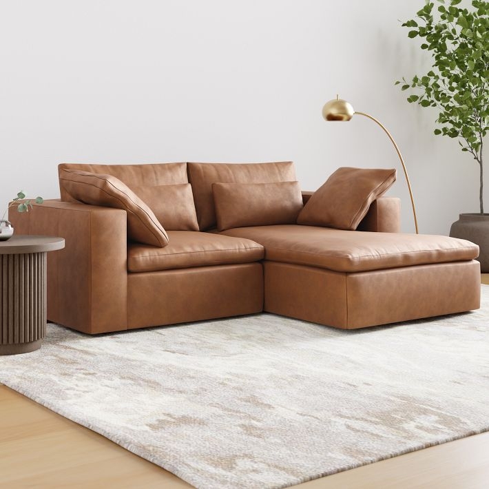 Cognac Leather Modular Chaise Sectional Deep Seating Modern Living Room