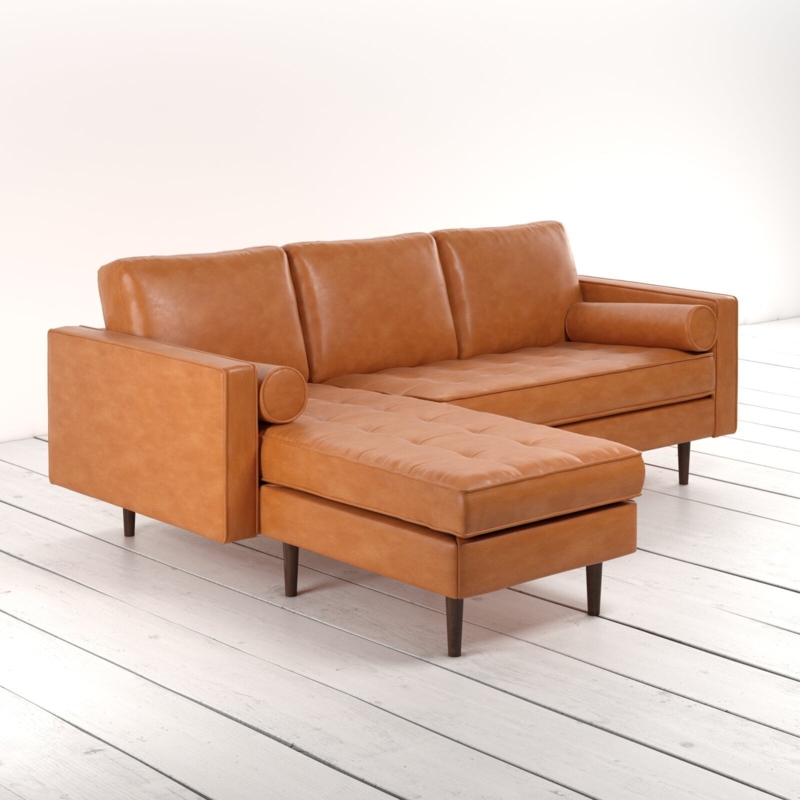 Cognac Leather Sectional Tufted Seat with Cylindrical Bolster Pillows