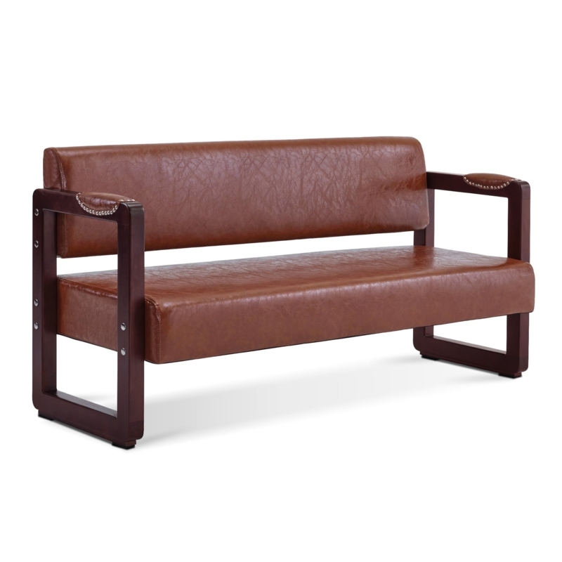 Cognac Upholstered Bench Silver Rivets Padded Armrests Sled Base