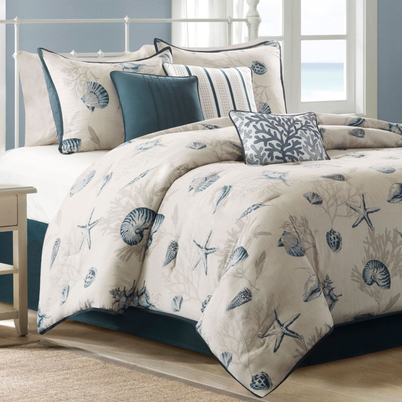 Comforter Bed Set Navy Ecru Nautilus Motif Pleated Pillow