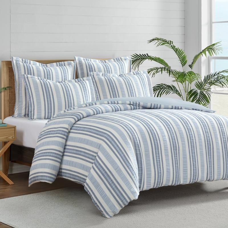 Comforter Set: Blue and White Seersucker Crinkle Texture Stripes