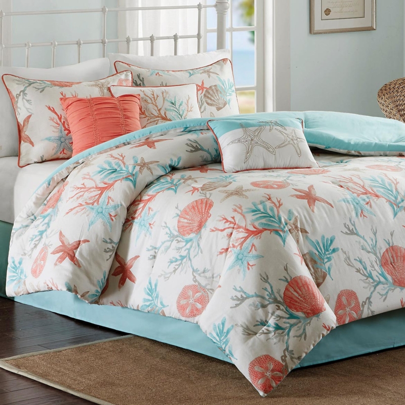 Comforter Set Coral and Aqua Reef Pintucked Accents