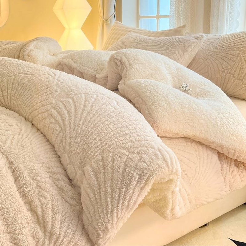 Comforter Set Ivory Sherpa Fabric Seashell Jacquard Embossed
