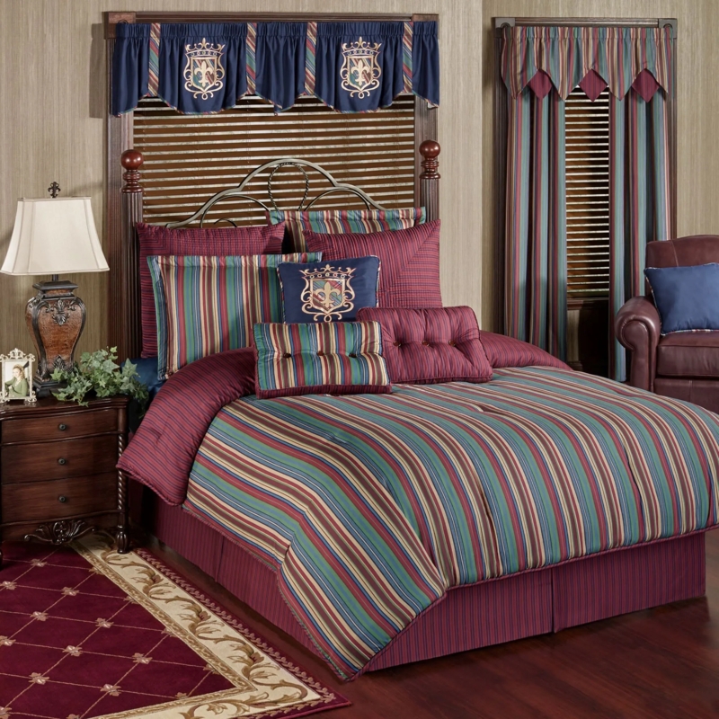 Comforter Set: Jewel Tone Stripes, Heraldic Embroidery, Traditional