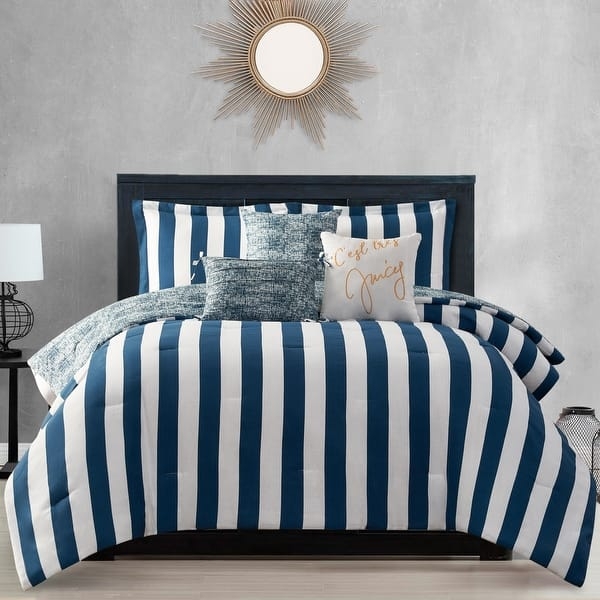 Comforter Set: Navy Cabana Stripes, Gold Script Embroidery