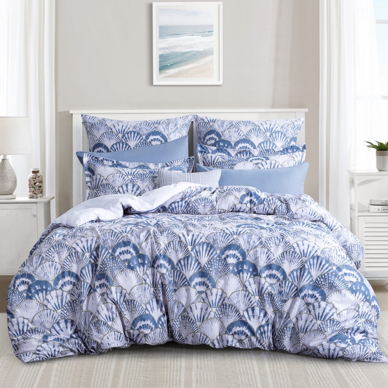 Comforter Set Navy Sky Blue Scalloped Pattern Coastal Style