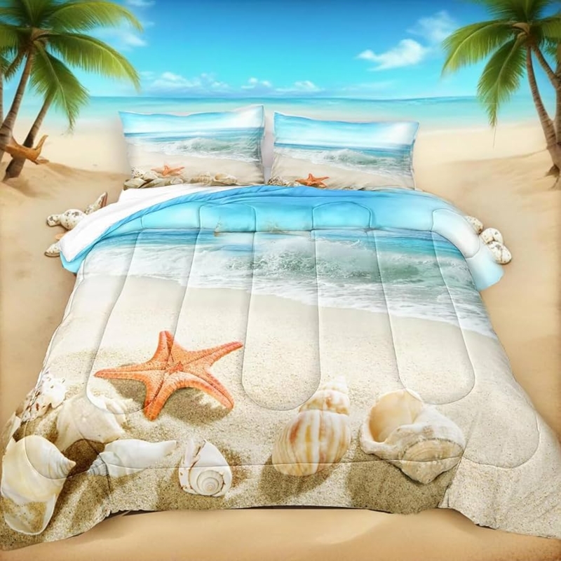 Comforter Set Photorealistic Beach Print Tropical Starfish