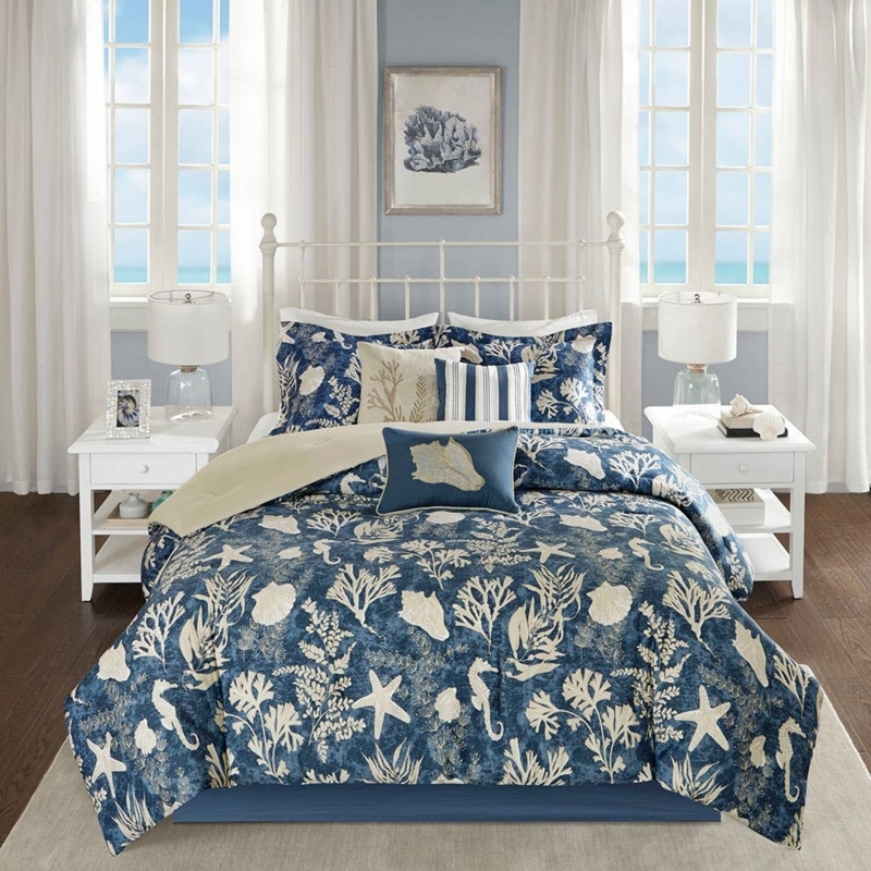 Comforter Set Sateen Cotton Navy Coastal Motifs Cape Cod Style