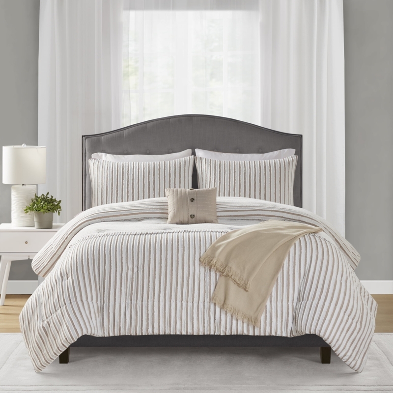 Comforter Set: Vertical Tan Stripes, Button Accents, Fringed Throw