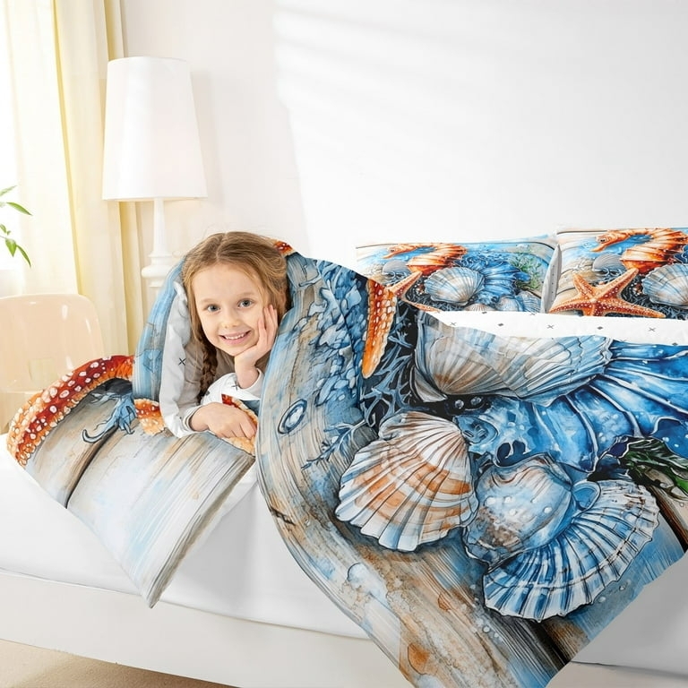 Comforter Set Whimsical Nautical Oversized Seashell Print Blue