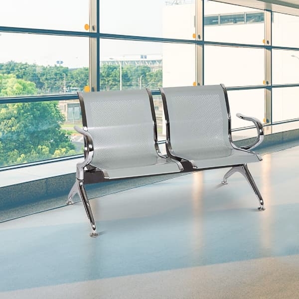 Commercial Waiting Bench Silver Perforated Metal Polished Finish Two Seat