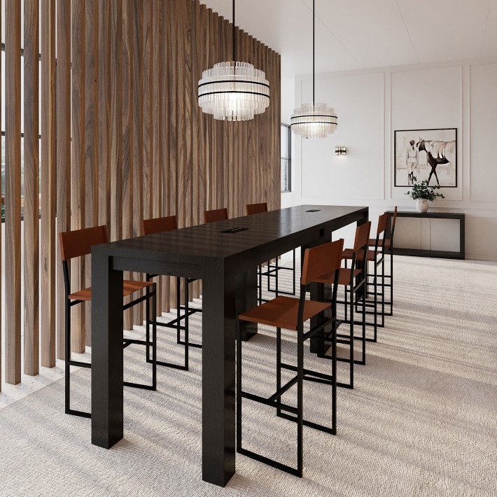 Communal Dining Table Espresso Wood Block Legs Glass Pendants