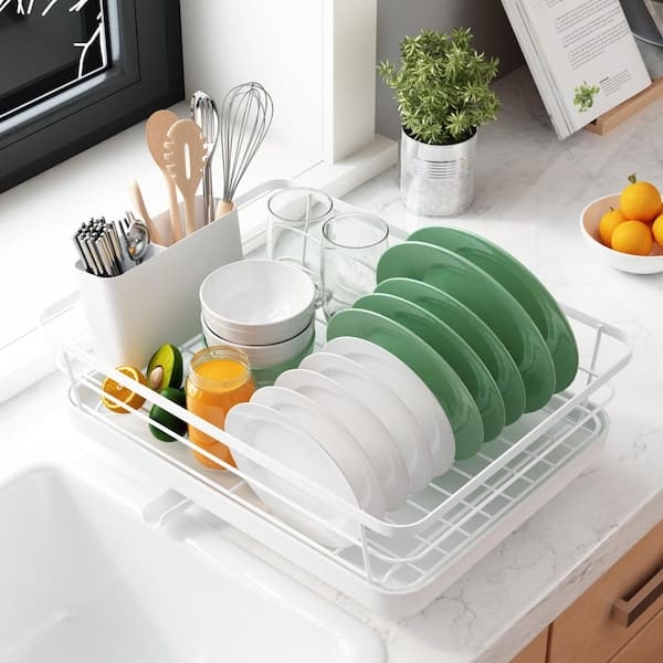 Compact Matte White Wire Dish Rack with Matching Drainage Tray