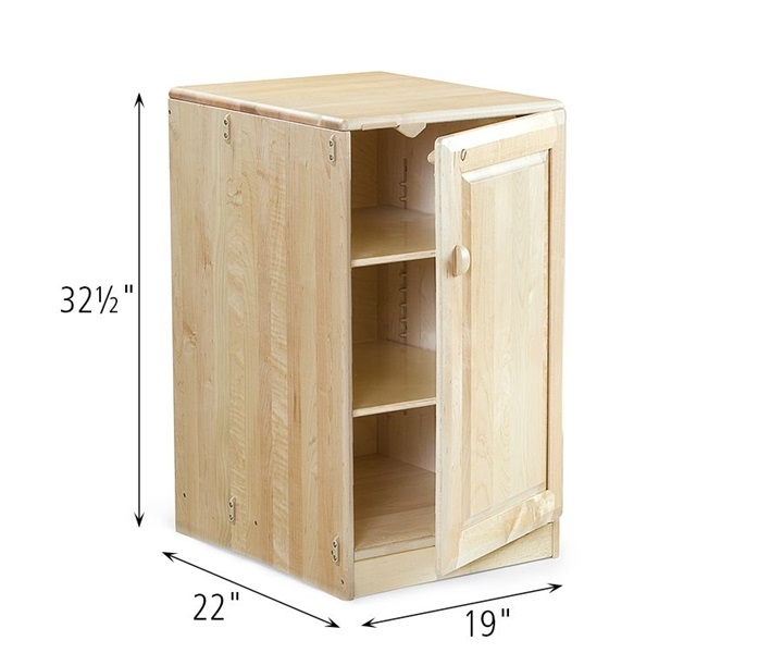 Compact nursery storage cabinet with adjustable shelving and door