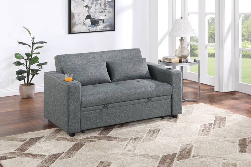 Compact Sleeper Loveseat in Grey Textured Weave with Cup Holders
