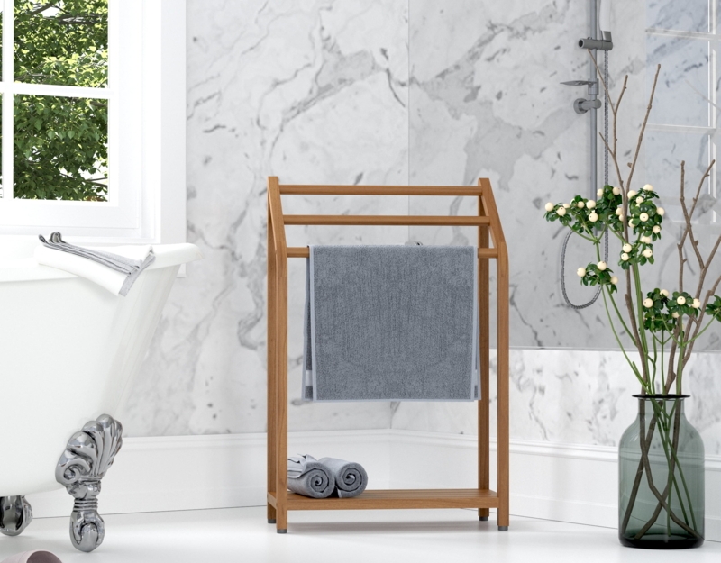 Compact Teak Towel Rack Stand with Three Tiers and Slatted Shelf