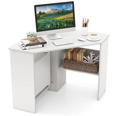 Compact Triangular Desk with Integrated Storage and Open Shelving