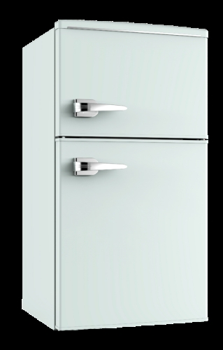 Compact Two Door Fridge in Glossy Mint Green with Horizontal Handles