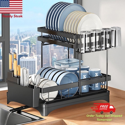Compact Two-Tier Black Dish Rack with Side-Mounted Knife Block