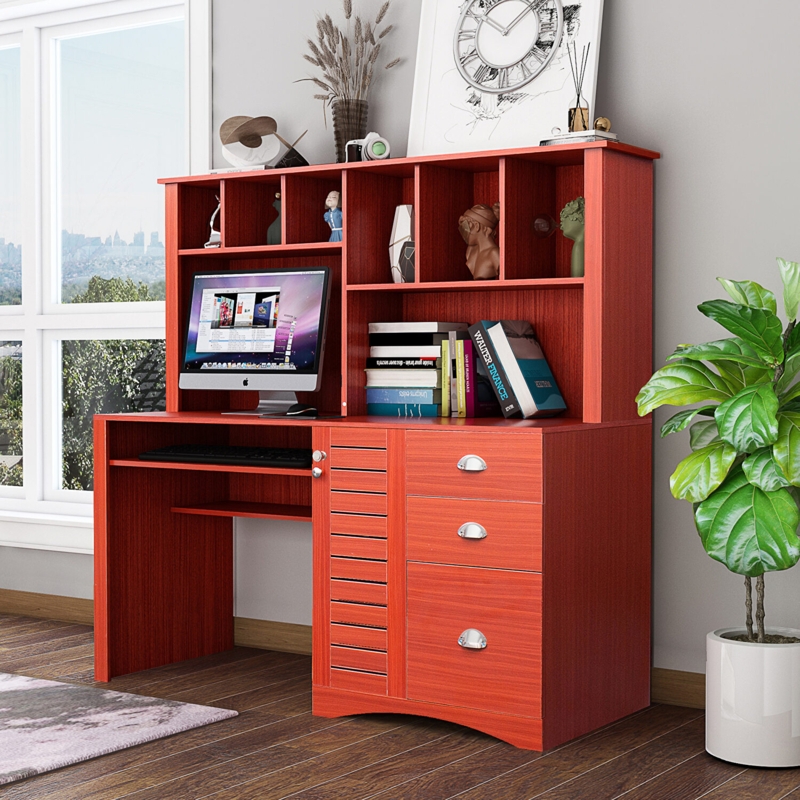 Computer Desk Mahogany Red Hutch Storage Cup Pull Handles Cubbies