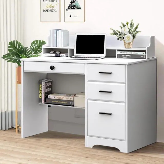 Computer Desk with Built-in Hutch and Black Pull Hardware