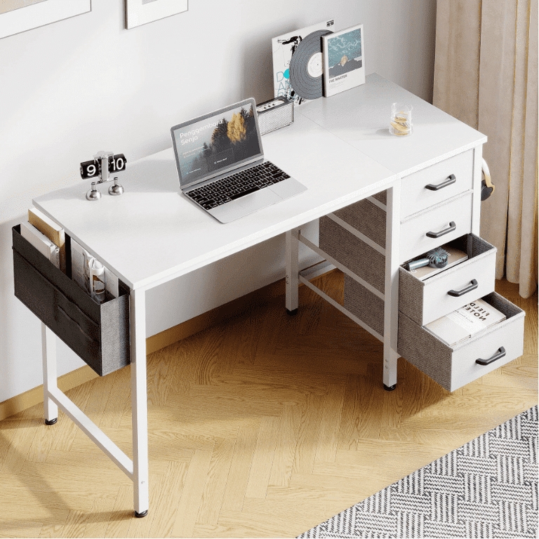 Computer Desk with Fabric Storage Drawers and Side Pocket