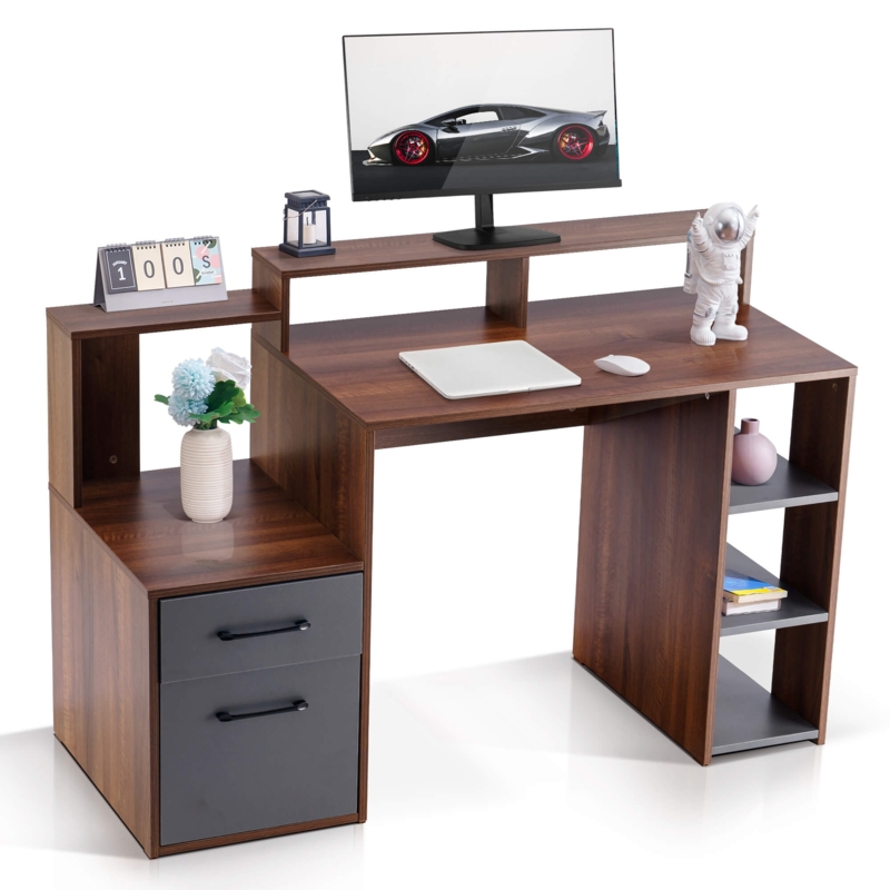 Computer Desk with Monitor Hutch and Charcoal Accent Drawers