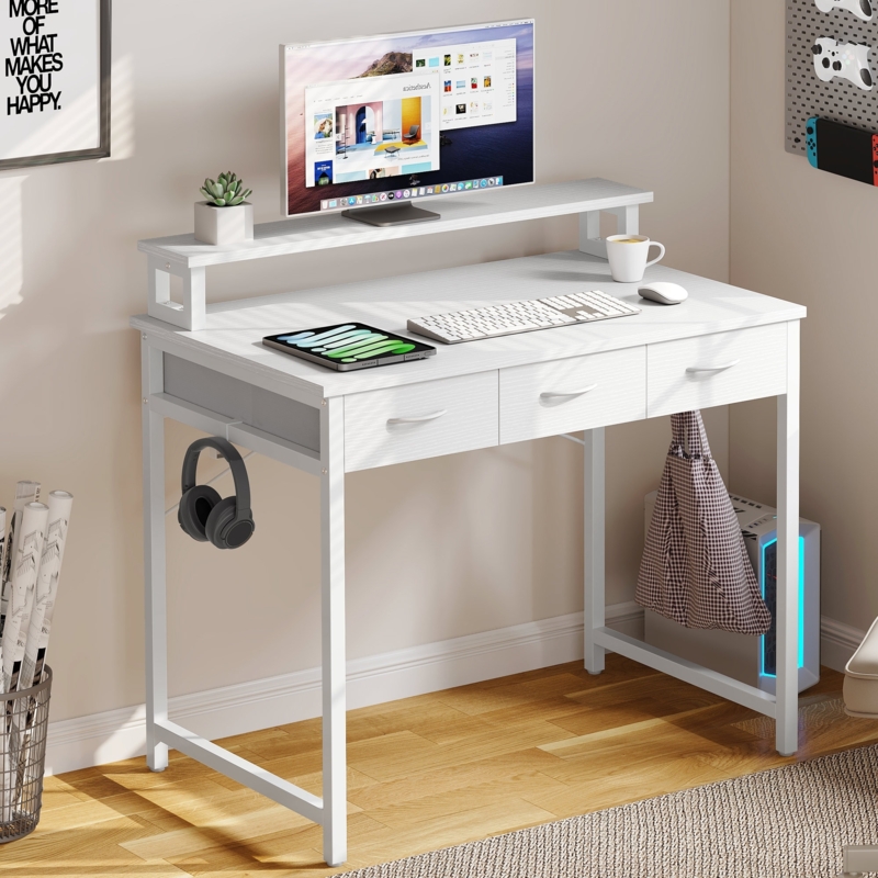 Computer Desk with Monitor Riser and Integrated Hooks, White