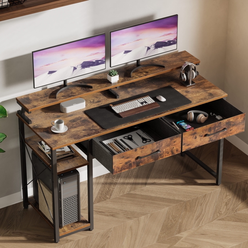Computer Desk with Monitor Stand and Side Shelving, Rustic Brown
