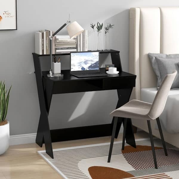 Computer Desk with X-Frame Legs and Monitor Shelf, Matte Black