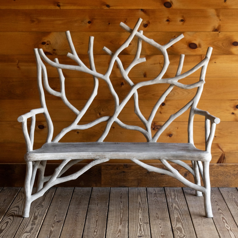 Concrete Garden Bench with Faux Bois Branch Motif Backrest