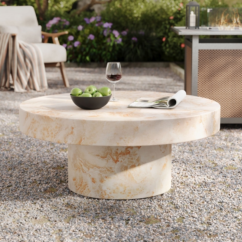Concrete Marbling Round Coffee Table, Cylindrical Pedestal Base.
