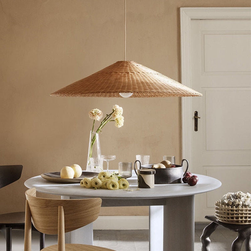 Cone Pendant Light Wide Shallow Rattan Shade Japandi Style Exposed Bulb