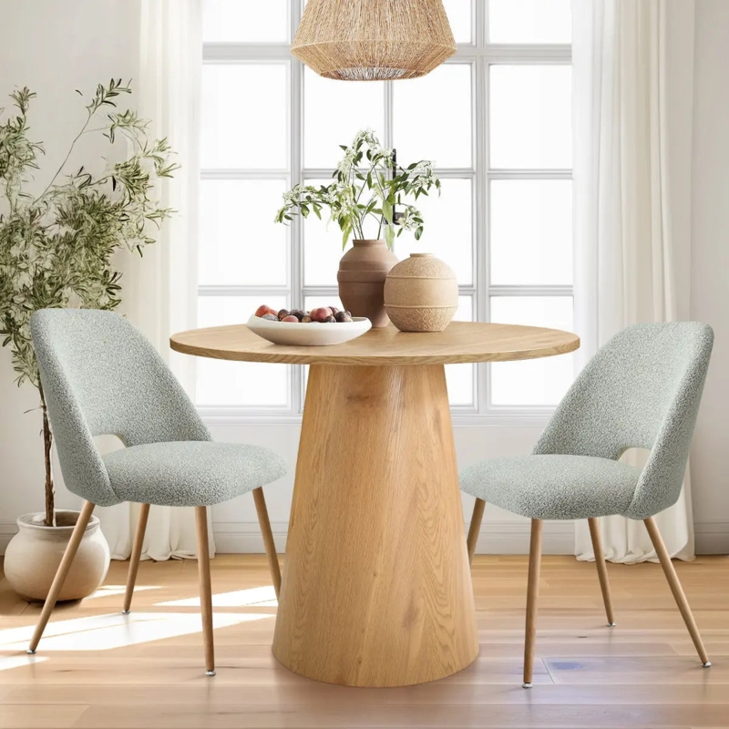 Conical Pedestal Dining Table with Grey Bouclé Nook Chairs