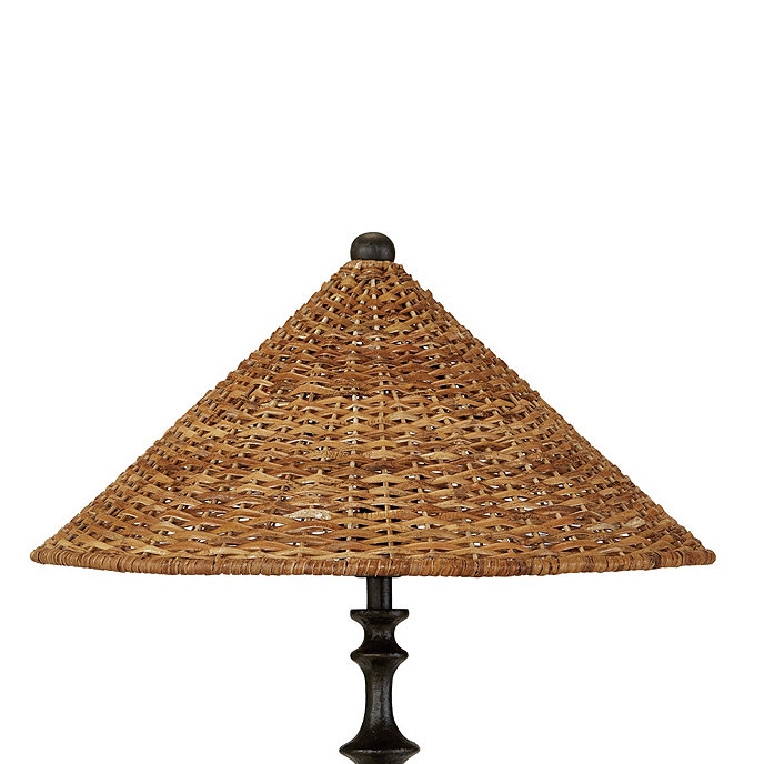 Conical Rattan Lampshade with Dark Metal Finial and Basket Weave Texture