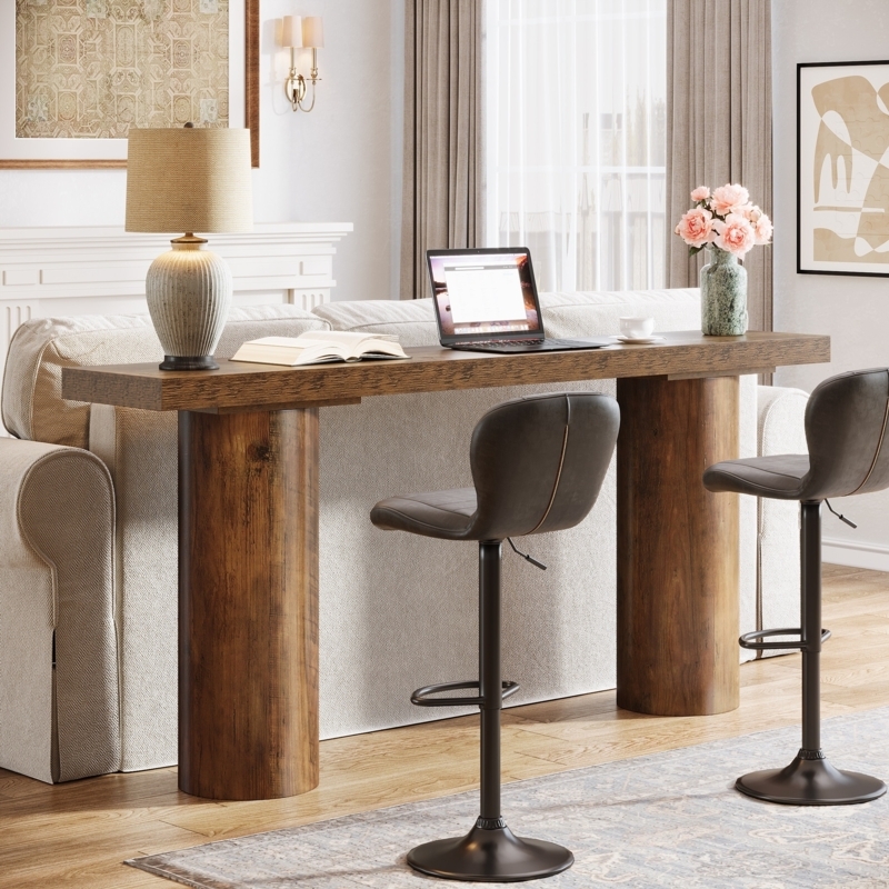 Console Bar Table Cylindrical Pedestal Legs Walnut Swivel Stools
