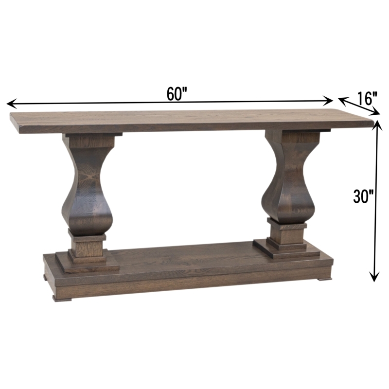 Console Table 60 Inch White Oak with Hourglass Pedestals Stone Brown