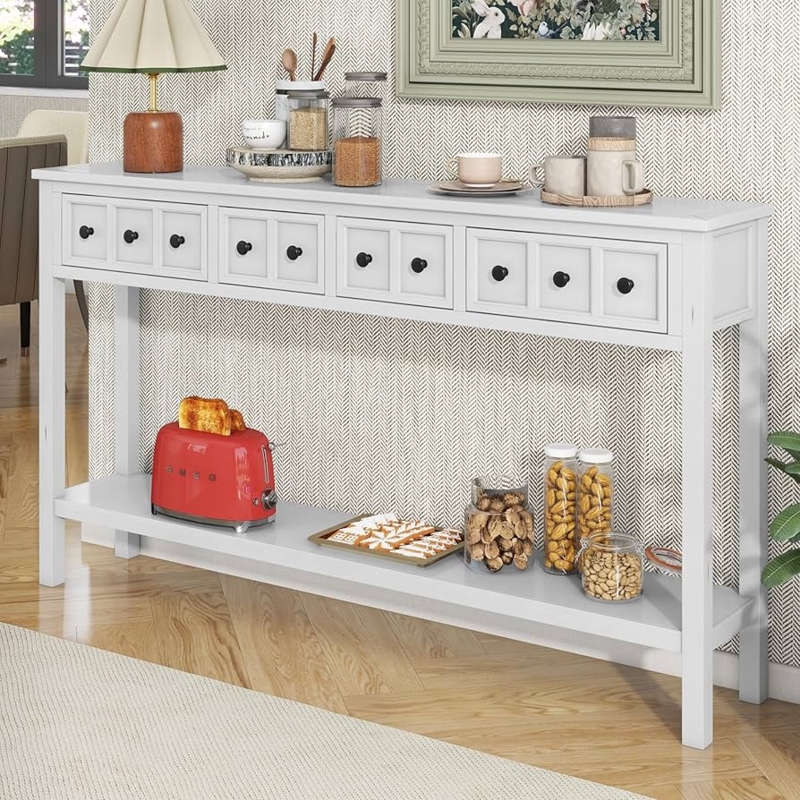 Console Table Antique White Finish Sixty Inch Length Four Drawers