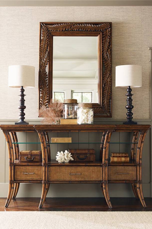 Console Table: Bamboo Style Frame, Woven Drawers, British Colonial