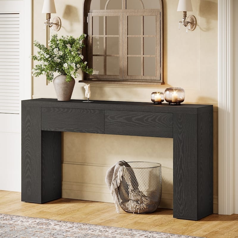 Console Table Charcoal Wood Textured Grain Handleless Drawers