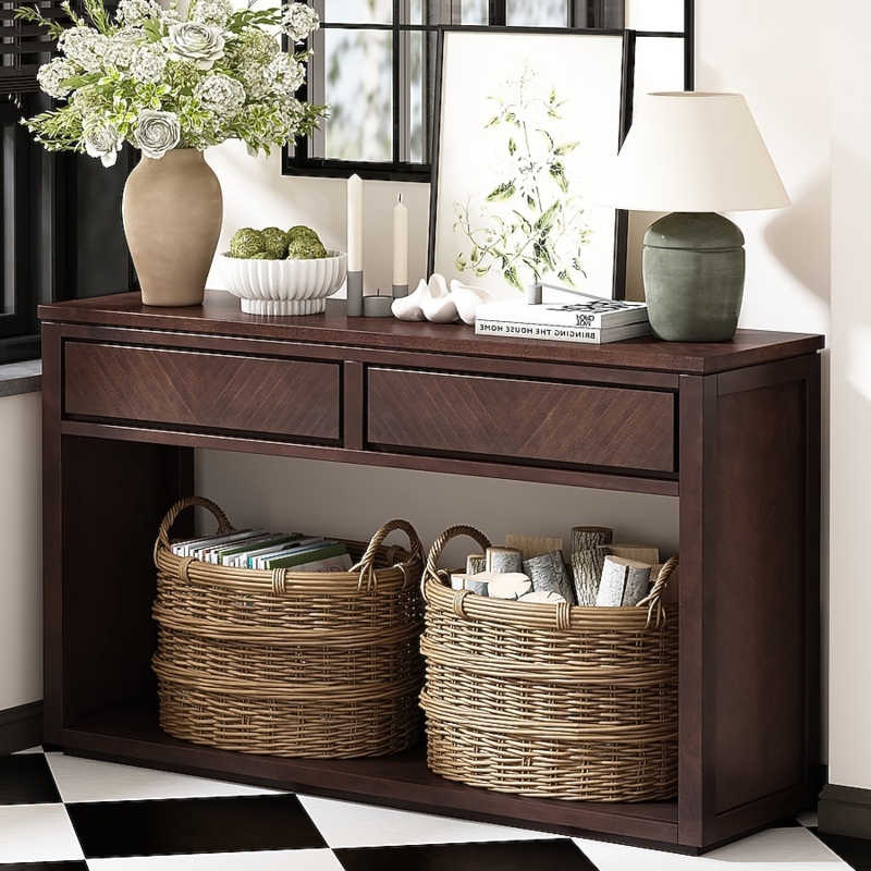 Console Table Chevron Drawer Fronts Espresso Brown Textured