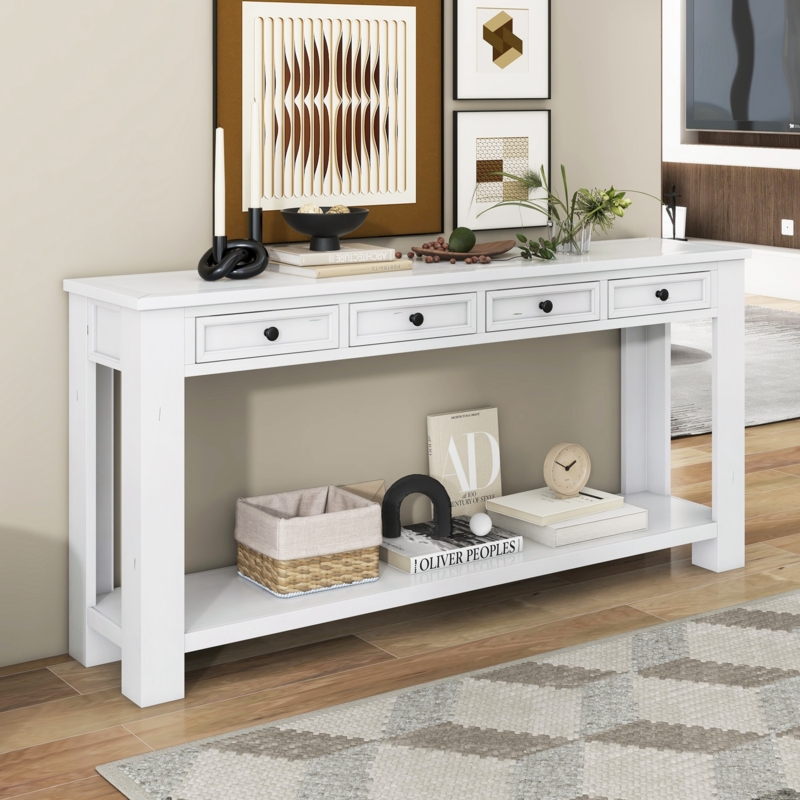 Console Table Crisp White Four Drawers Modern Farmhouse Shelf