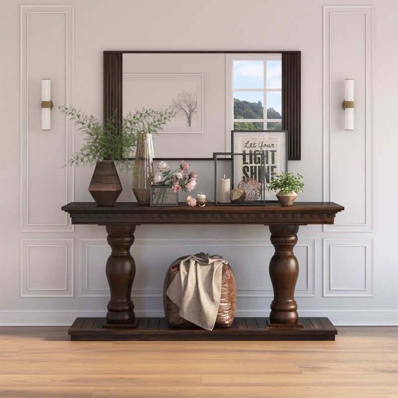 Console Table Dark Walnut Finish with Crown Molding Trim and Turned Legs